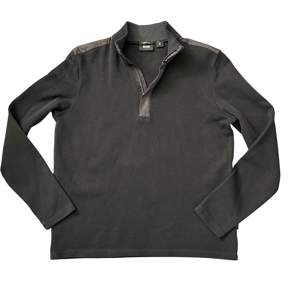 Hugo Boss Regular Fit Mock Neck Quarter Button‎ Pullover Sweater Black S FF23